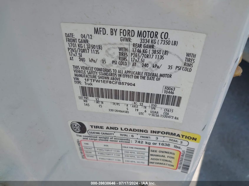 2012 Ford F-150 Xl VIN: 1FTFW1EF8CFB57904 Lot: 39838646