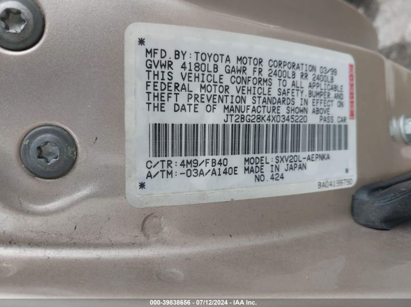 1999 Toyota Camry Le VIN: JT2BG28K4X0345220 Lot: 39838656