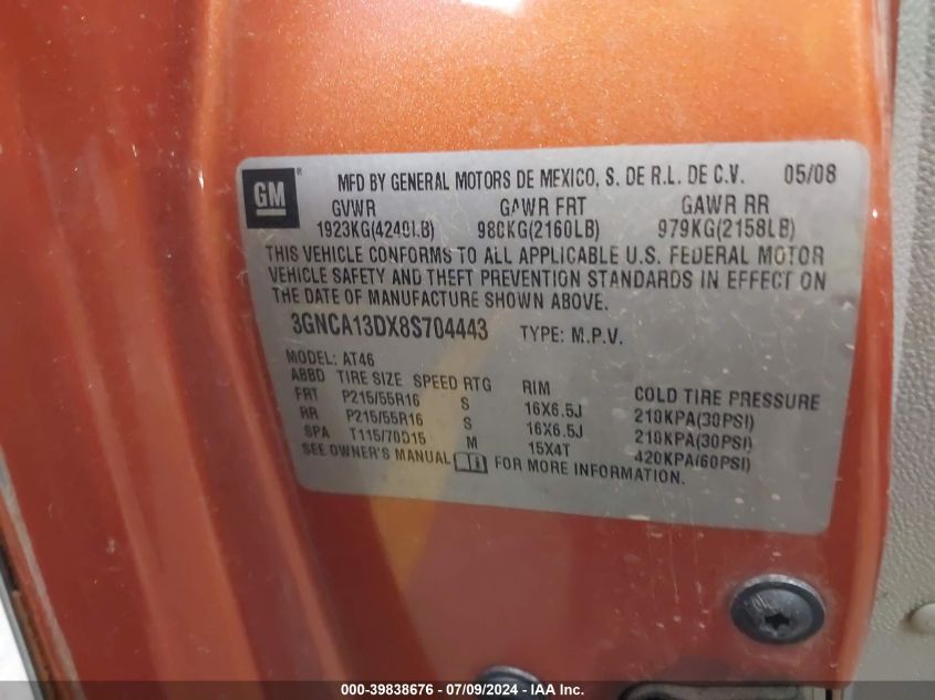 2008 Chevrolet Hhr Ls VIN: 3GNCA13DX8S704443 Lot: 39838676