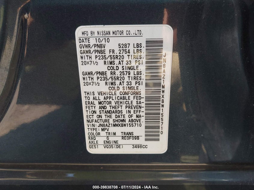 2011 Nissan Murano Le VIN: JN8AZ1MWXBW155710 Lot: 39838708