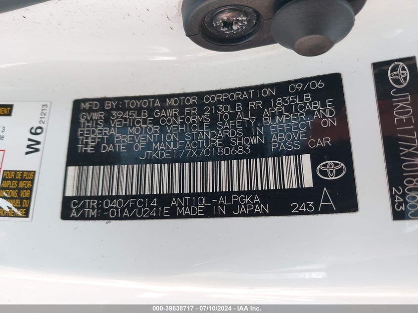 2007 Scion Tc VIN: JTKDE177X70180683 Lot: 39838717