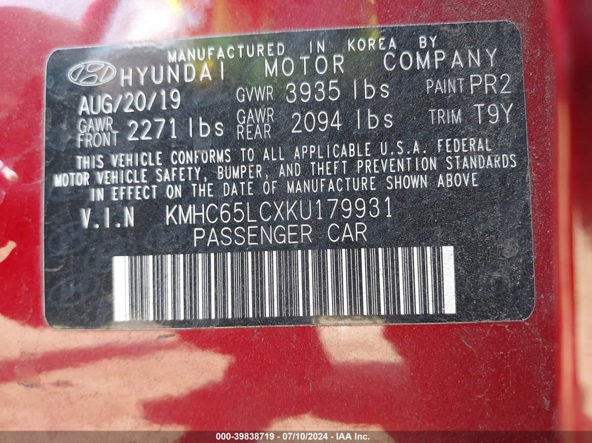 VIN KMHC65LCXKU179931 2019 HYUNDAI IONIQ HYBRID BLUE