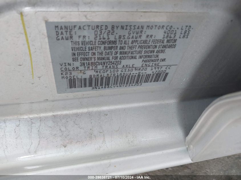 2022 Nissan Sentra Sv VIN: 3N1AB8CV4NY254203 Lot: 39838721