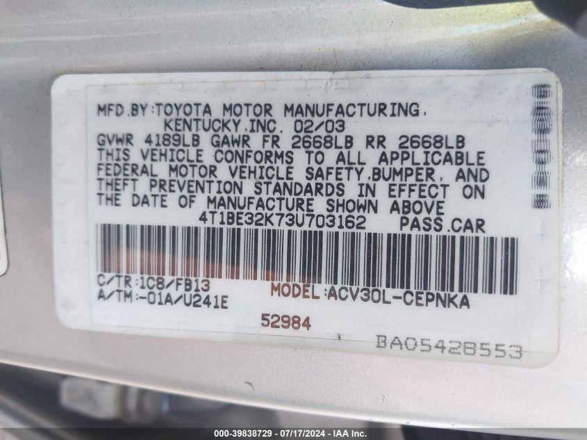 2003 Toyota Camry Le VIN: 4T1BE32K73U703162 Lot: 39838729