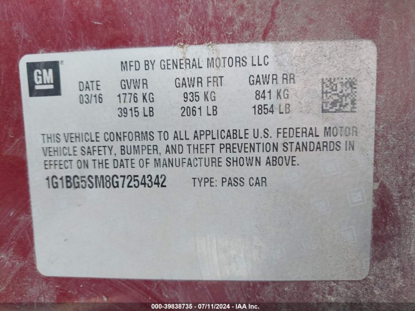 2016 Chevrolet Cruze Premier Auto VIN: 1G1BG5SM8G7254342 Lot: 39838735