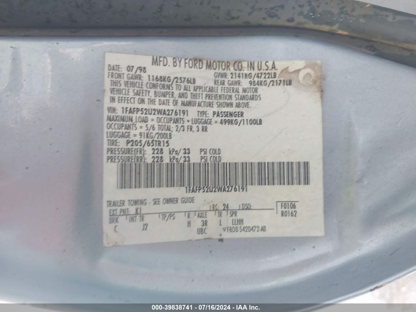1998 Ford Taurus Lx/Se VIN: 1FAFP52U2WA276191 Lot: 39838741