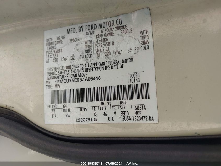 2006 Ford Explorer Limited VIN: 1FMEU75E96ZA06418 Lot: 39838743