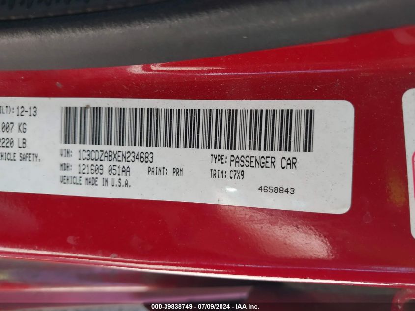 2014 Dodge Avenger Se VIN: 1C3CDZABXEN234683 Lot: 39838749