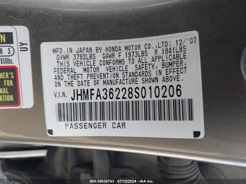 2008 Honda Civic Hybrid Hybrid VIN: JHMFA36228S010206 Lot: 39838763