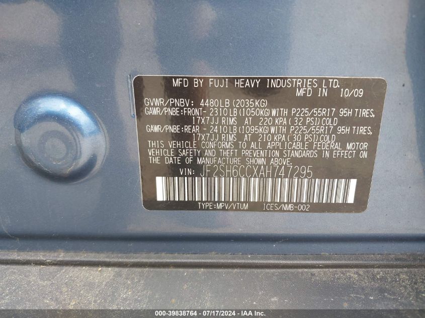 2010 Subaru Forester 2.5X Premium VIN: JF2SH6CCXAH747295 Lot: 39838764