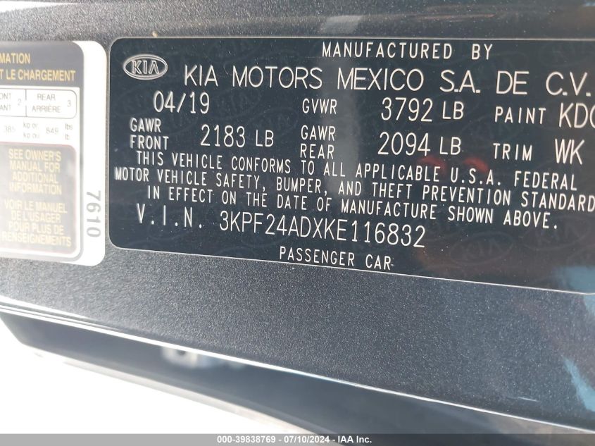 2019 Kia Forte Lxs VIN: 3KPF24ADXKE116832 Lot: 39838769