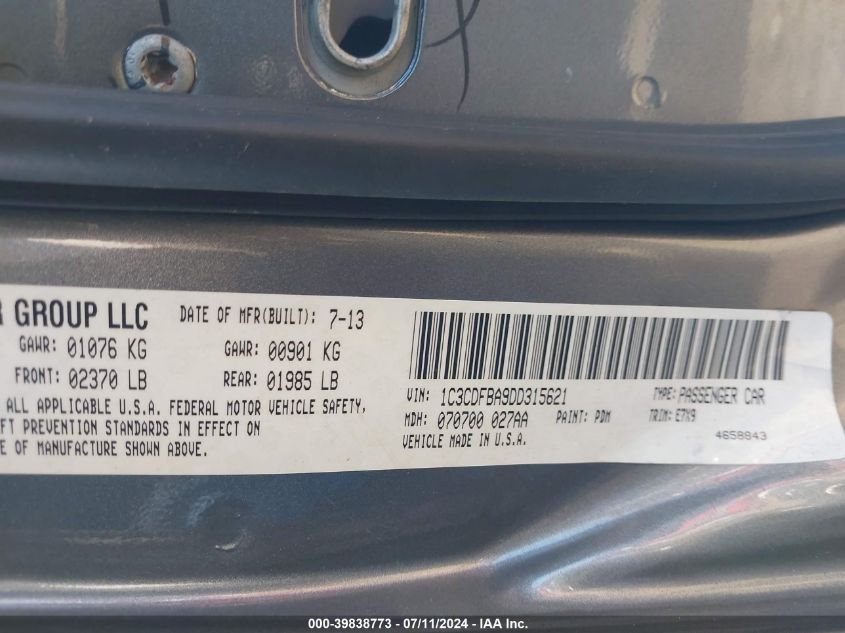 2013 Dodge Dart Sxt VIN: 1C3CDFBA9DD315621 Lot: 39838773