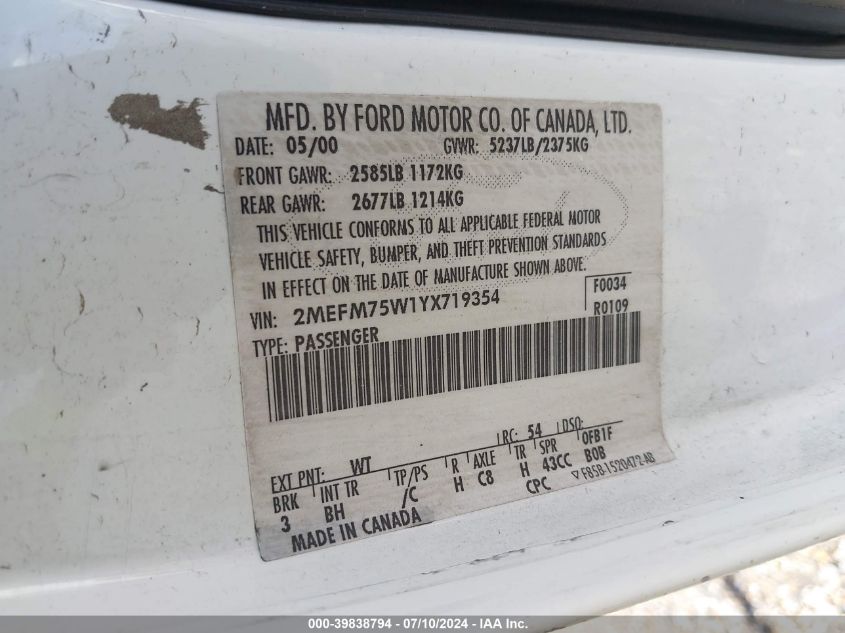 2000 Mercury Grand Marquis Ls VIN: 2MEFM75W1YX719354 Lot: 39838794