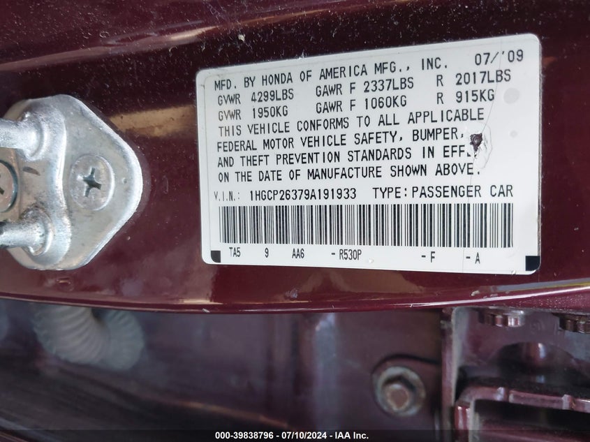 2009 Honda Accord 2.4 Lx VIN: 1HGCP26379A191933 Lot: 39838796