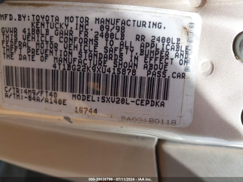 1999 Toyota Camry Ce VIN: 4T1BG22K9XU415878 Lot: 39838799