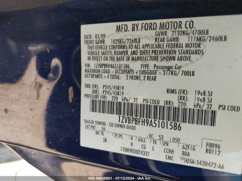 2010 Ford Mustang Gt/Gt Premium VIN: 1ZVBP8FH9A5101586 Lot: 39838801