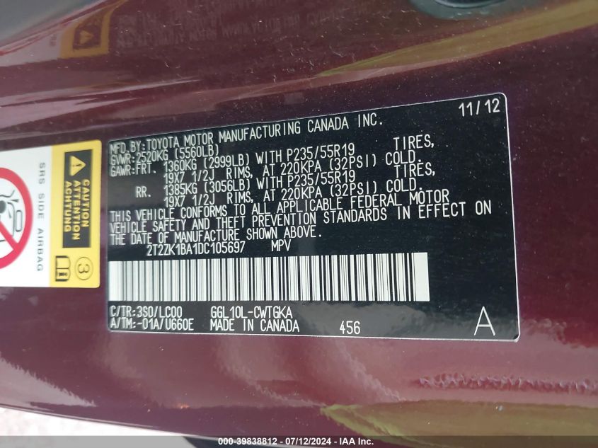 2013 Lexus Rx 350 VIN: 2T2ZK1BA1DC105697 Lot: 39838812