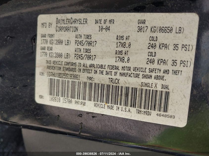 2005 Dodge Ram 1500 Slt/Laramie VIN: 1D7HU18D25S183861 Lot: 39838826