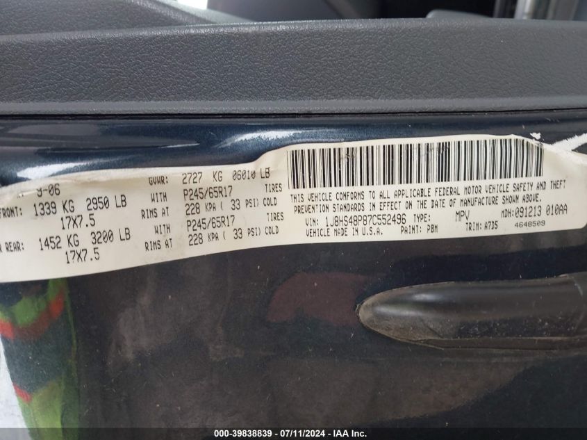 2007 Jeep Grand Cherokee Laredo VIN: 1J8HS48P87C552496 Lot: 39838839