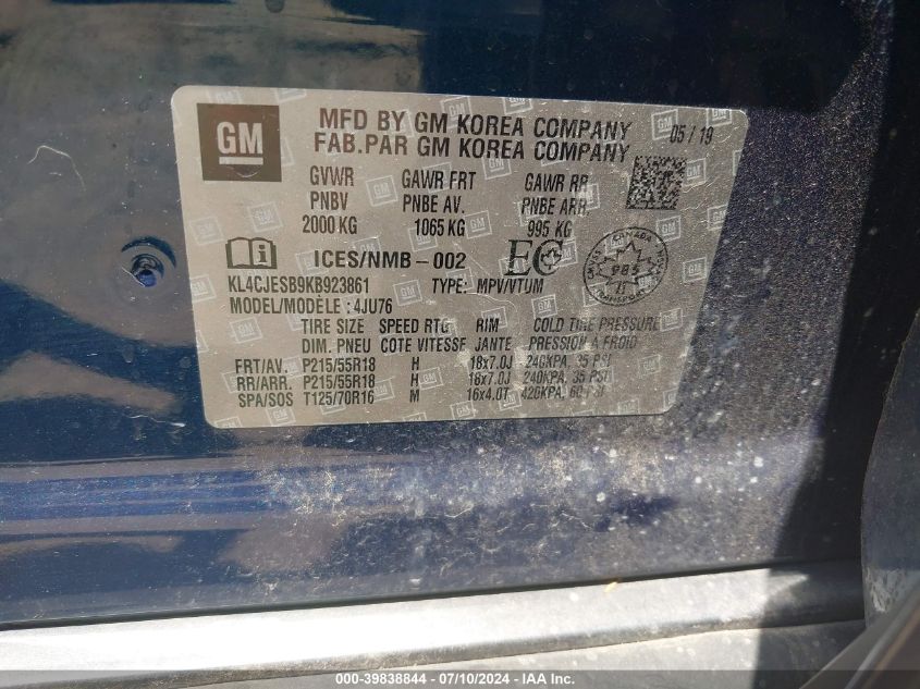 2019 Buick Encore Awd Preferred VIN: KL4CJESB9KB923861 Lot: 39838844