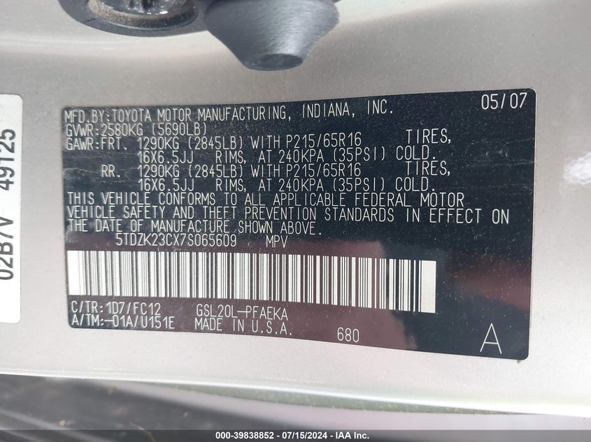 2007 Toyota Sienna Le VIN: 5TDZK23CX7S065609 Lot: 39838852