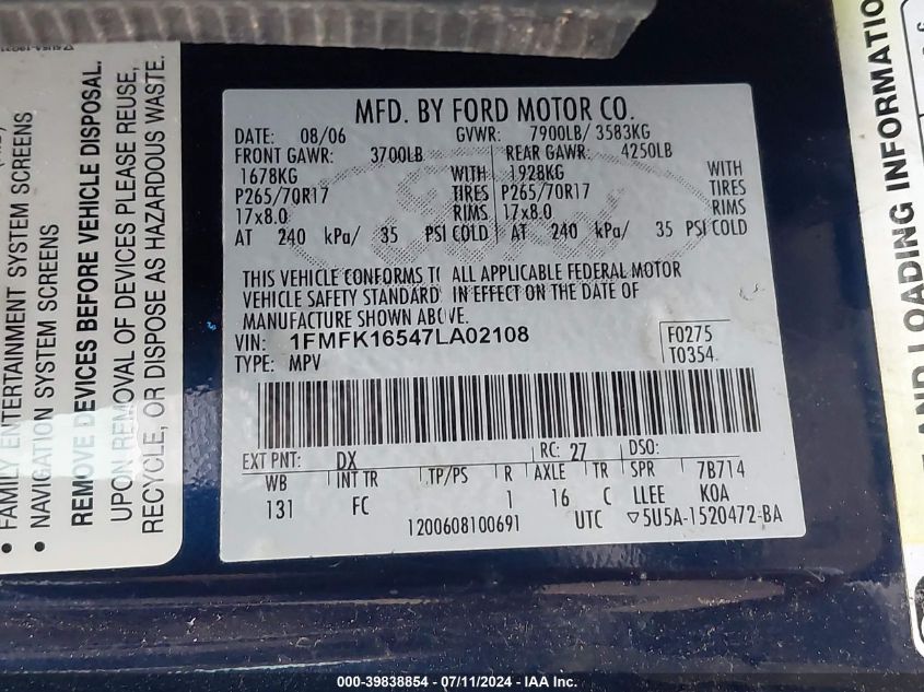 2007 Ford Expedition El Xlt VIN: 1FMFK16547LA02108 Lot: 39838854