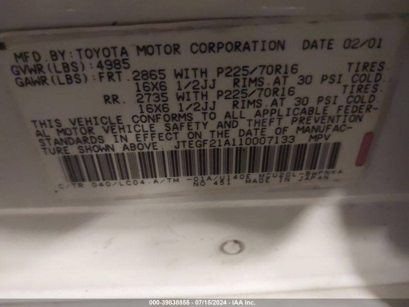 2001 Toyota Highlander V6 VIN: JTEGF21A110007133 Lot: 39838855