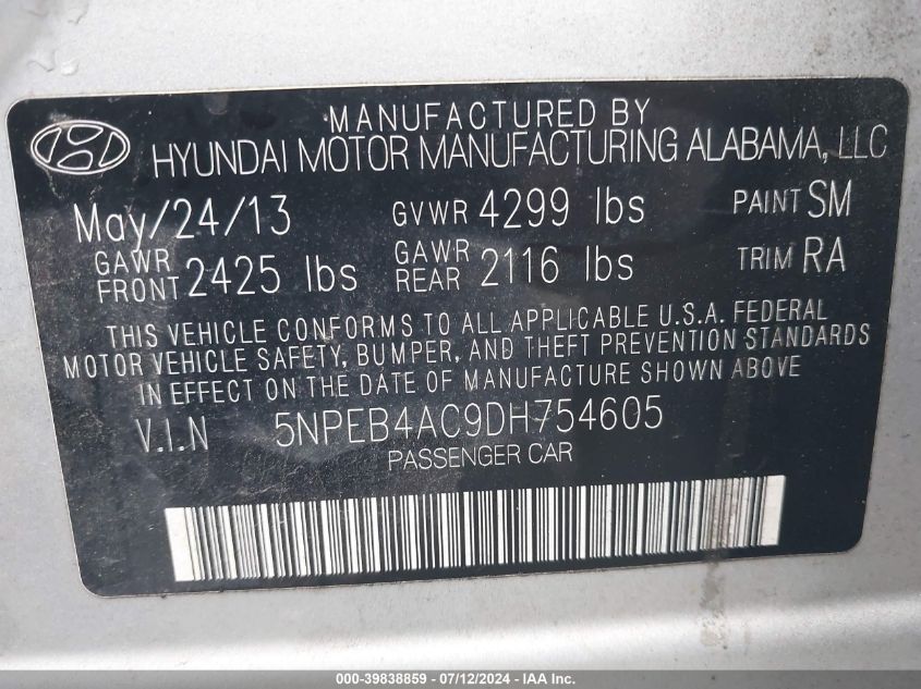 2013 Hyundai Sonata Gls VIN: 5NPEB4AC9DH754605 Lot: 39838859