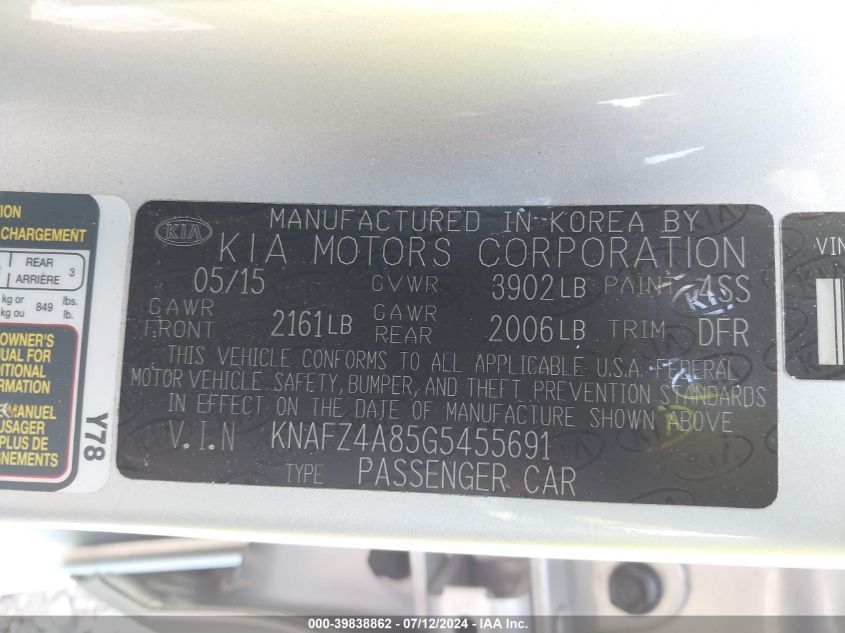 2016 Kia Forte Ex VIN: KNAFZ4A85G5455691 Lot: 39838862