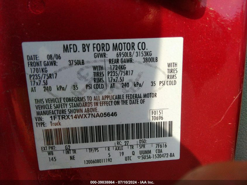 2007 Ford F150 VIN: 1FTRX14WX7NA05646 Lot: 39838864