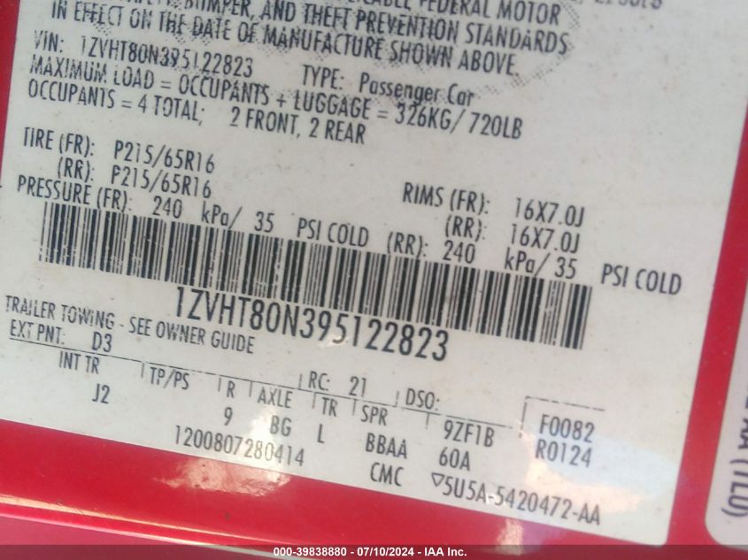 2009 Ford Mustang V6/V6 Premium VIN: 1ZVHT80N395122823 Lot: 39838880