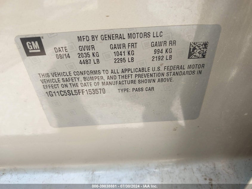 2015 Chevrolet Malibu 1Lt VIN: 1G11C5SL5FF153570 Lot: 39838881