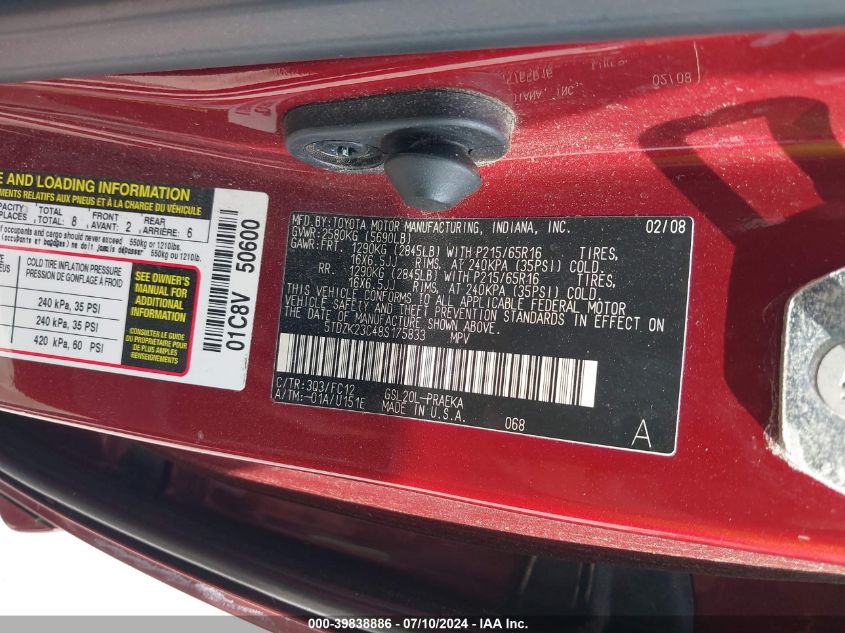 2008 Toyota Sienna Le VIN: 5TDZK23C48S175833 Lot: 39838886