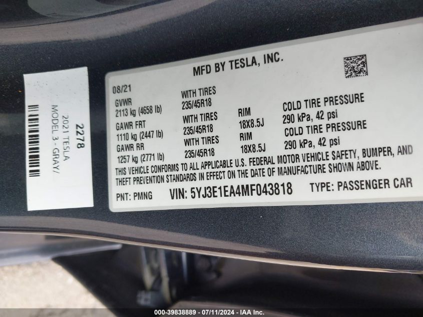 2021 Tesla Model 3 Standard Range Plus Rear-Wheel Drive VIN: 5YJ3E1EA4MF043818 Lot: 39838889