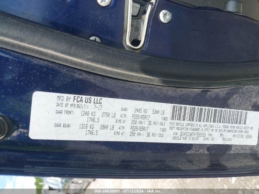 2017 Dodge Journey Se VIN: 3C4PDCAB7HT695533 Lot: 39838891