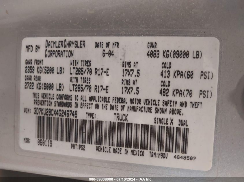 2004 Dodge Ram 2500 Slt/Laramie VIN: 3D7KU28CX4G246746 Lot: 39838900