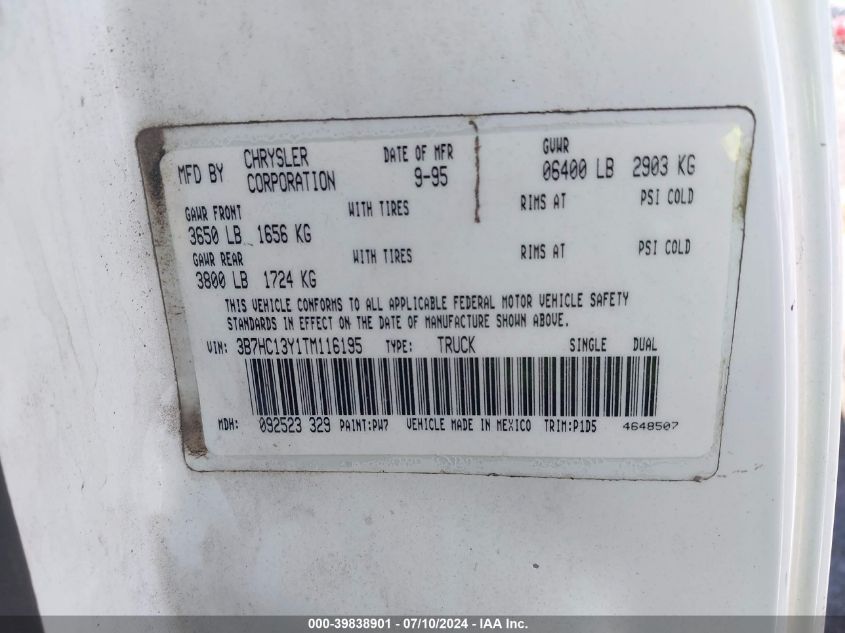 1996 Dodge Ram 1500 VIN: 3B7HC13Y1TM116195 Lot: 39838901