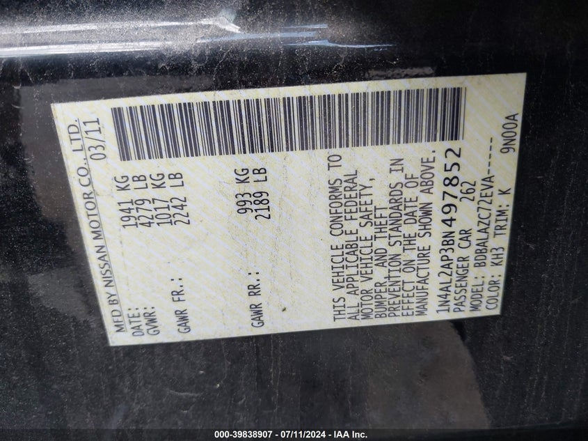 2011 Nissan Altima 2.5 VIN: 1N4AL2AP3BN497852 Lot: 39838907