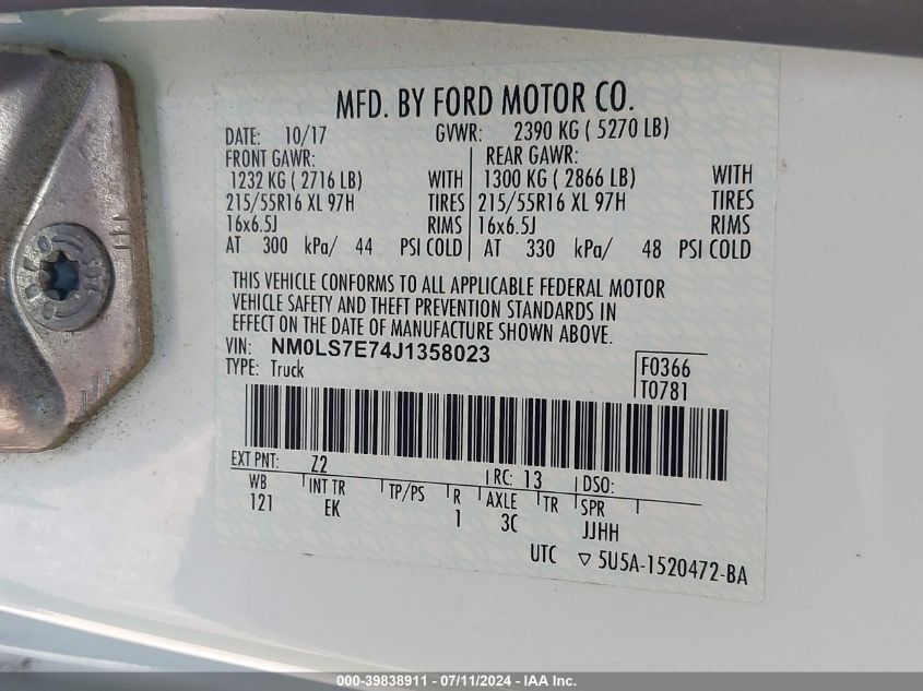 2018 Ford Transit Connect Xl VIN: NM0LS7E74J1358023 Lot: 39838911