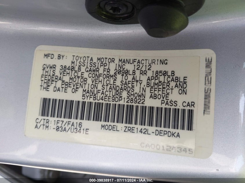 2013 TOYOTA COROLLA L - 5YFBU4EE9DP128922