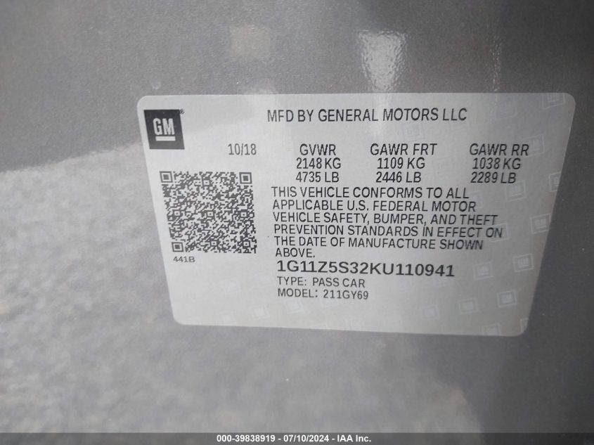 2019 Chevrolet Impala Lt VIN: 1G11Z5S32KU110941 Lot: 39838919