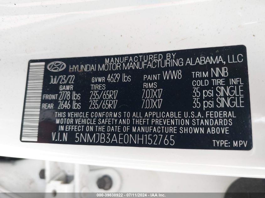 5NMJB3AE0NH152765 2022 Hyundai Tucson Sel