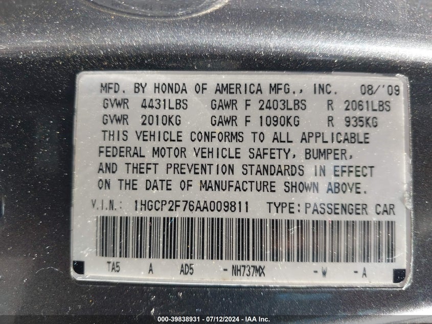 2010 Honda Accord 2.4 Ex VIN: 1HGCP2F76AA009811 Lot: 39838931