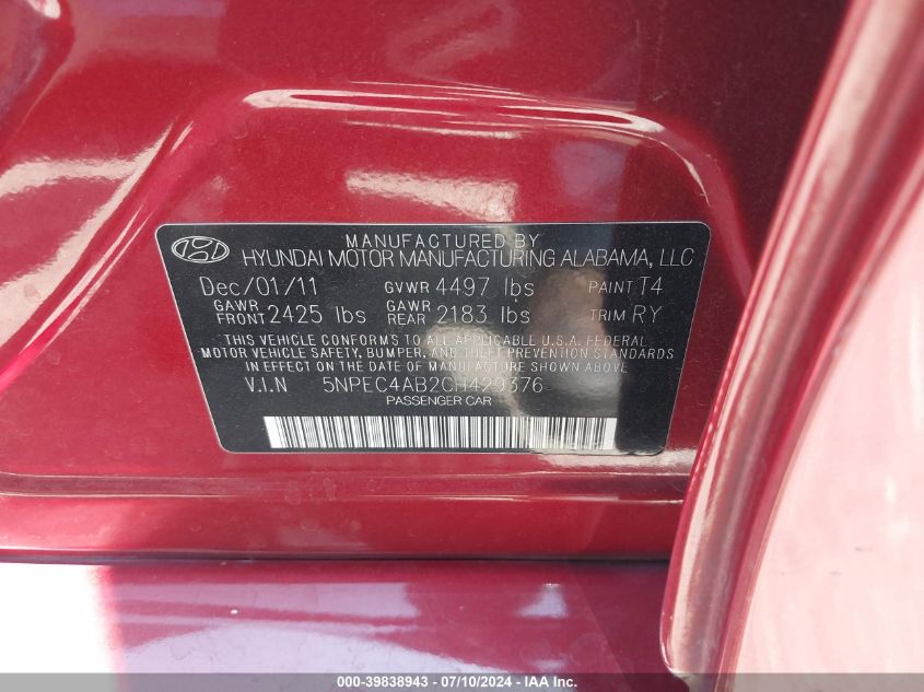 2012 Hyundai Sonata Se 2.0T VIN: 5NPEC4AB2CH429376 Lot: 39838943