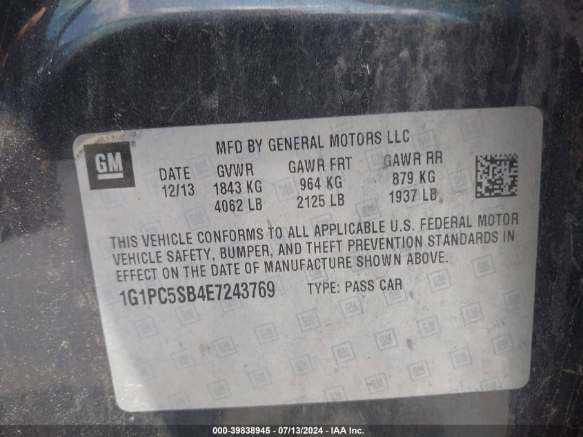 2014 Chevrolet Cruze 1Lt Auto VIN: 1G1PC5SB4E7243769 Lot: 39838945