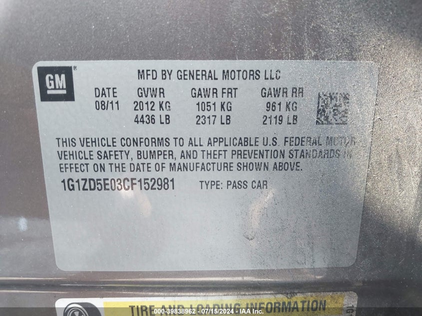 2012 Chevrolet Malibu 2Lt VIN: 1G1ZD5E03CF152981 Lot: 39838962
