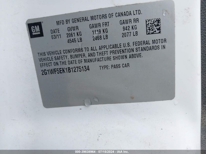 2011 Chevrolet Impala Ls VIN: 2G1WF5EK1B1275134 Lot: 39838964