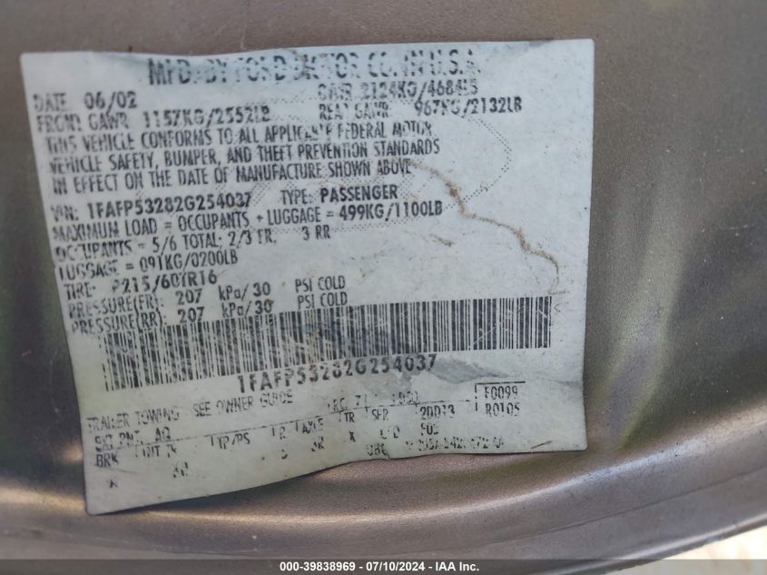 2002 Ford Taurus Se VIN: 1FAFP53282G254037 Lot: 39838969