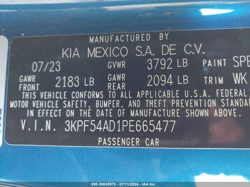 2023 Kia Forte Gt-Line VIN: 3KPF54AD1PE665477 Lot: 39838970