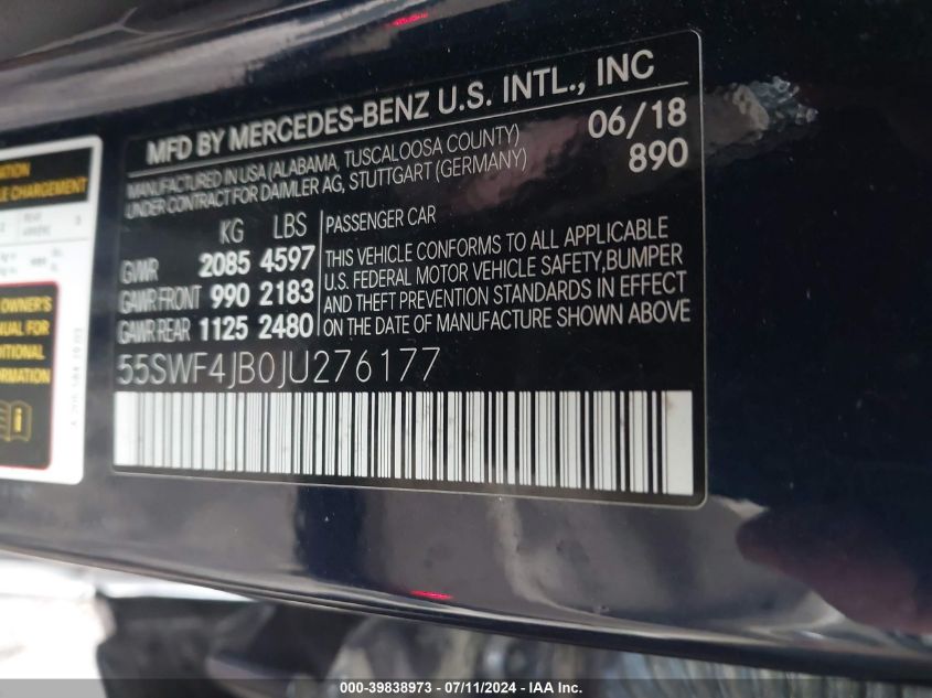 2018 Mercedes-Benz C 300 VIN: 55SWF4JB0JU276177 Lot: 39838973